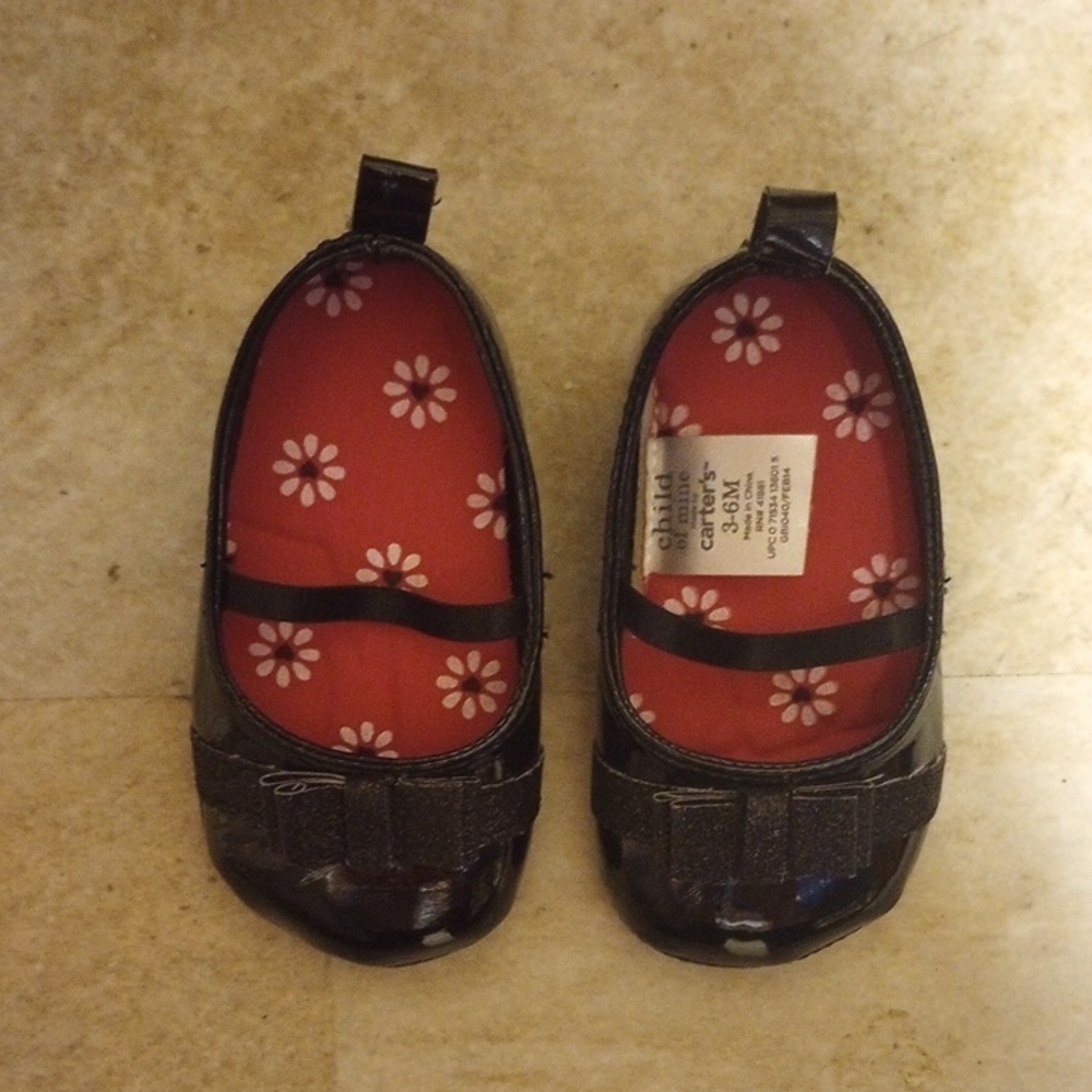 Carter's Child of Mine Shiny Black Shoes with Sparkly Bows, 3-6 Months